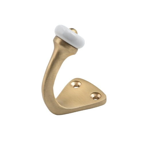Porcelain Tip Robe Hooks - Satin Brass