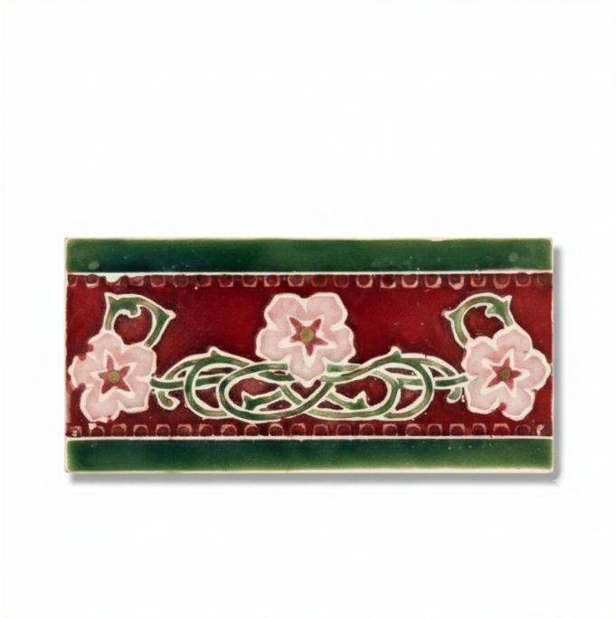 3 Pink Flowers, Burgundy Background, Green Border