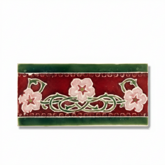 3 Pink Flowers, Burgundy Background, Green Border