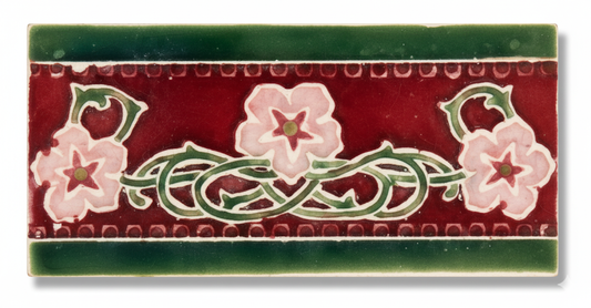 3 Pink Flowers, Burgundy Background, Green Border