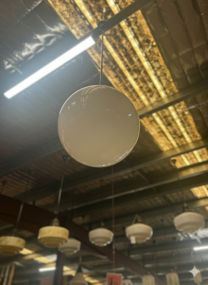 Spherical white glass globe pendant light hanging from a metal ceiling rose and rod, with a blurred background.