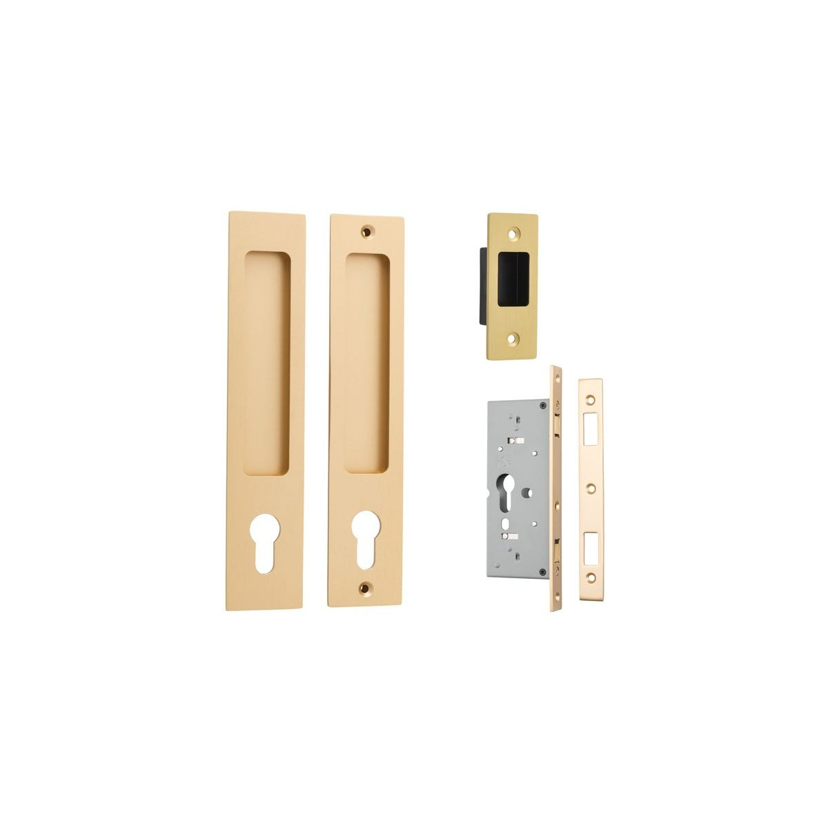 Rectangular Sliding Door Pull Entrance Kit with High Security Lock - Brushed Brass